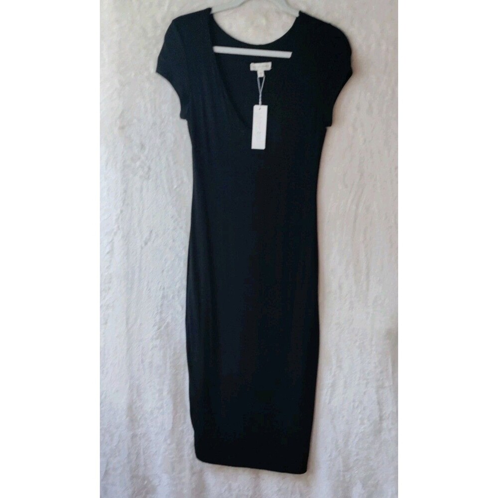 See You Monday Bodycon Midi Dress Black Stretch Cap Sleeve Lined Women's Sz L - Picture 4 of 16